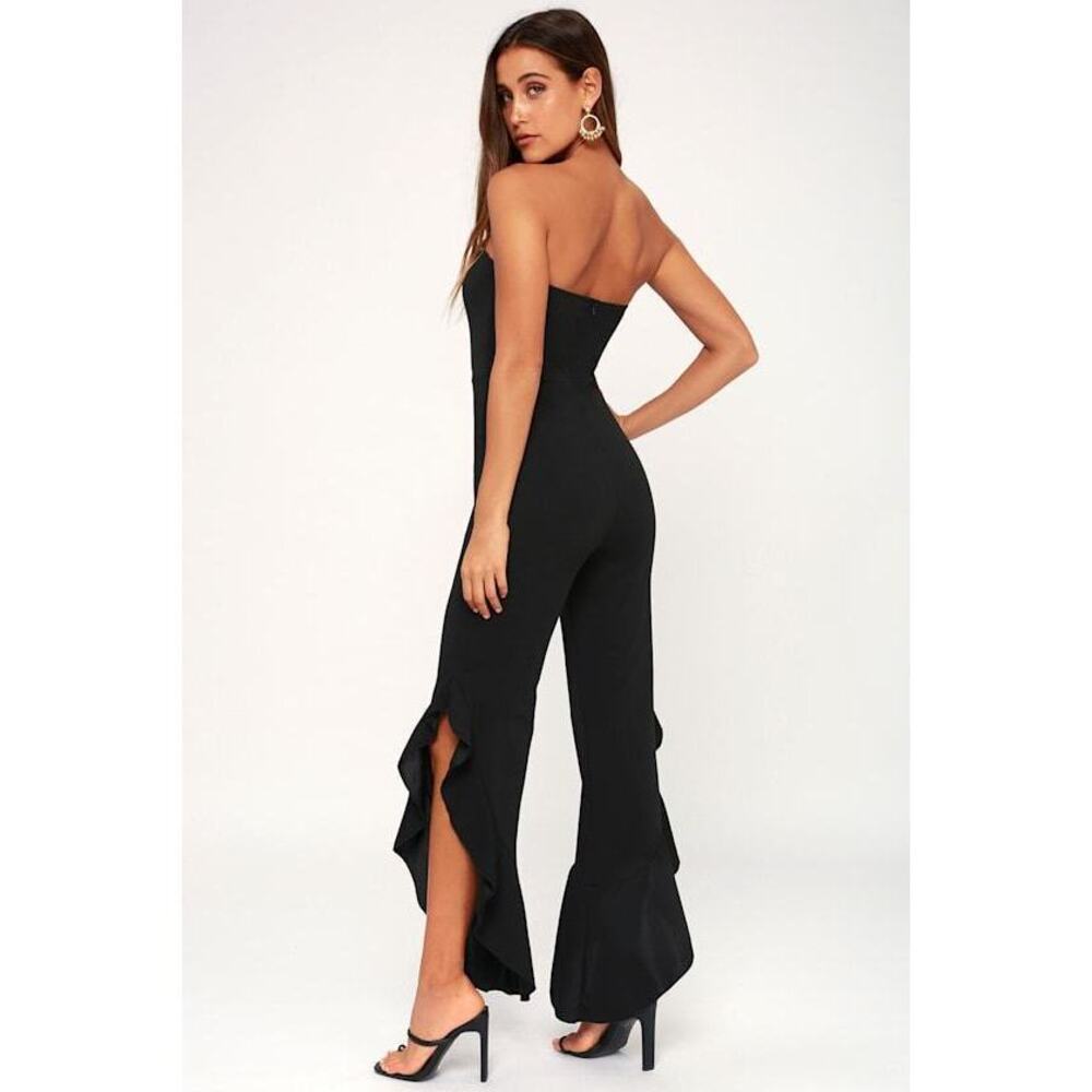Lulus After Midnight Black Strapless Ruffle Leg Jumpsuit - Size XS